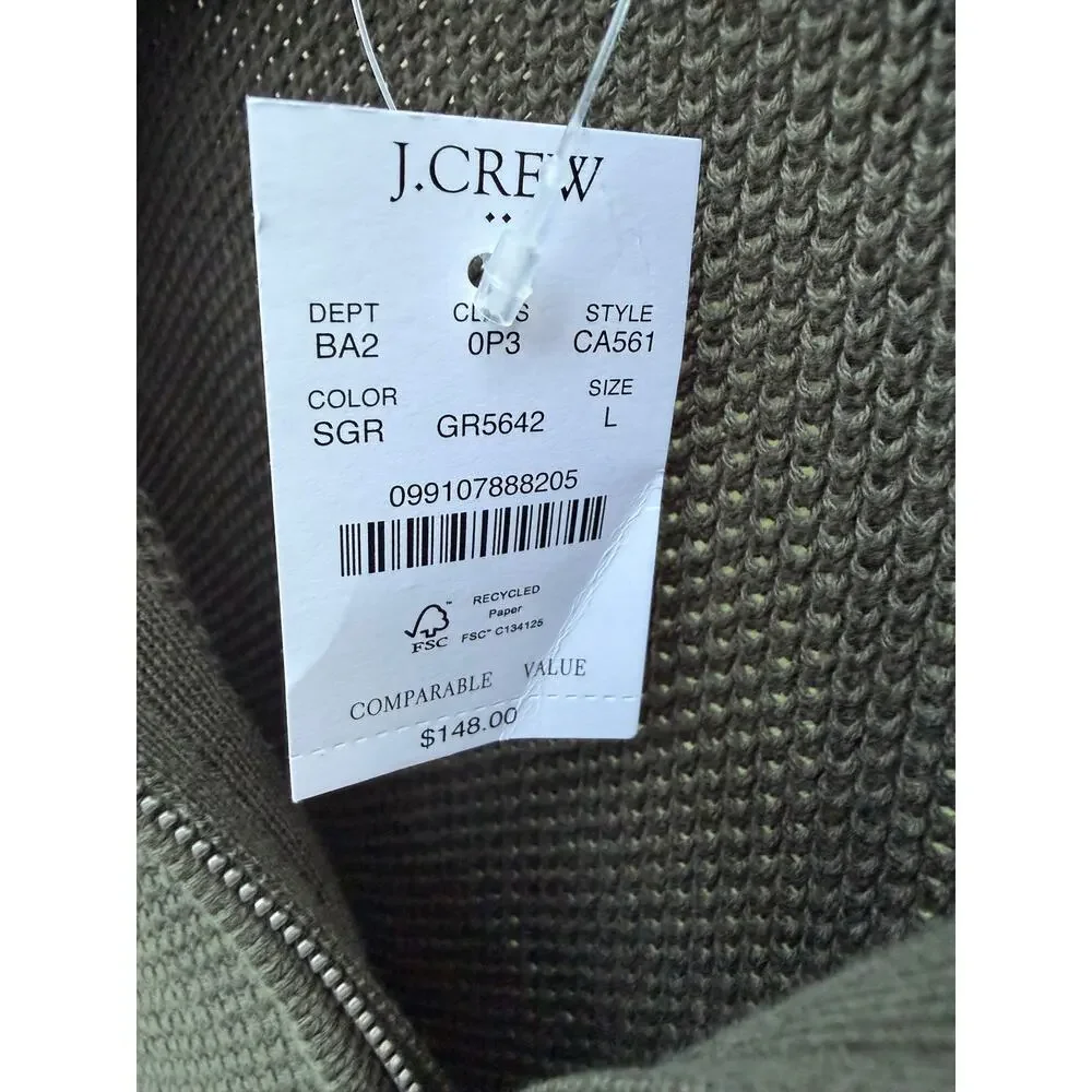 J.Crew Mens Large Olive Waffle Knit Quarter Zip Sweater 100% Cotton NWT